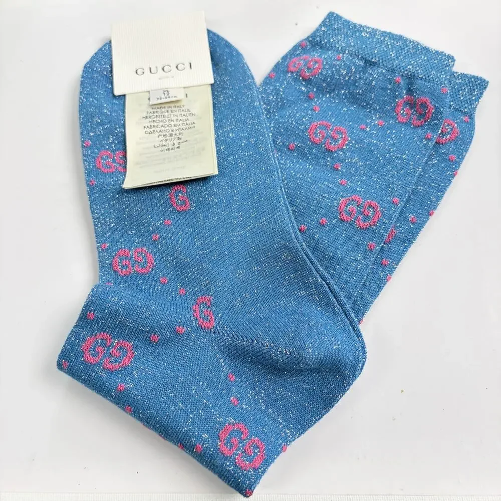 Gucci Blue Pink GG Logo Lurex Socks Size XL New With Tags Authentic Unisex